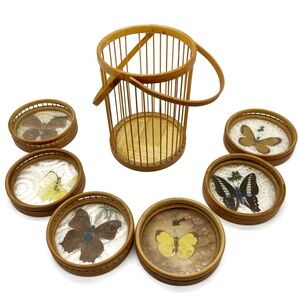 Vintage Mid-Century Modern 70s Bamboo Butterfly Coasters Set Of 6
